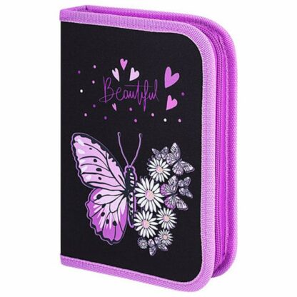Пенал BRAUBERG с наполнением, 1 отделение, 1 откидная планка, 24 предмета, 21х14 см, "Flower butterf